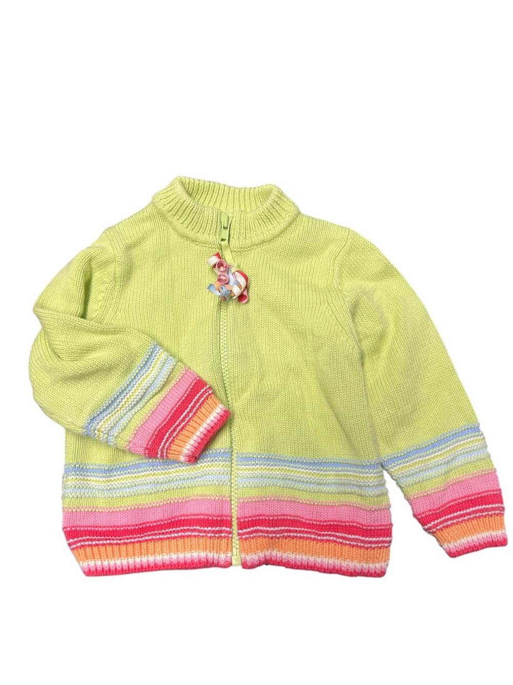 Vintage Y2K Gymboree Lime Green Zip-Up Knit Cardigan Sweater Stripes